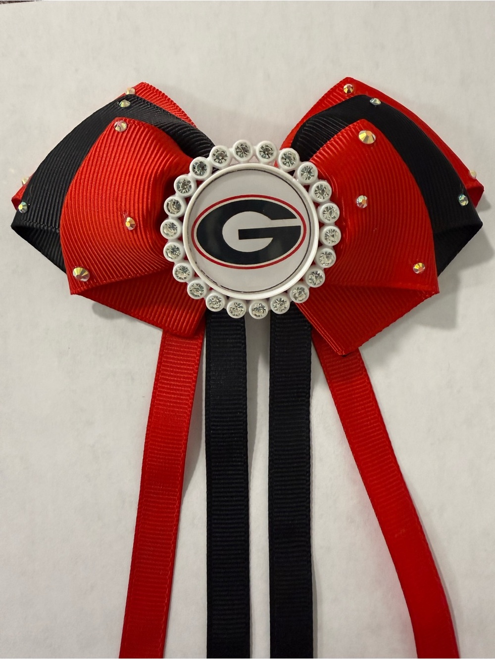 Red and Black Team Ribbon Hair Bow with Rhinestone Medallion